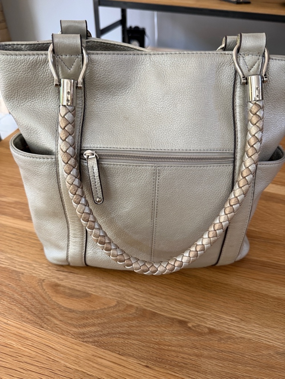 Silver Leather Tote Bag Braided Silver & Gold Metallic Handles & Silver Hardware